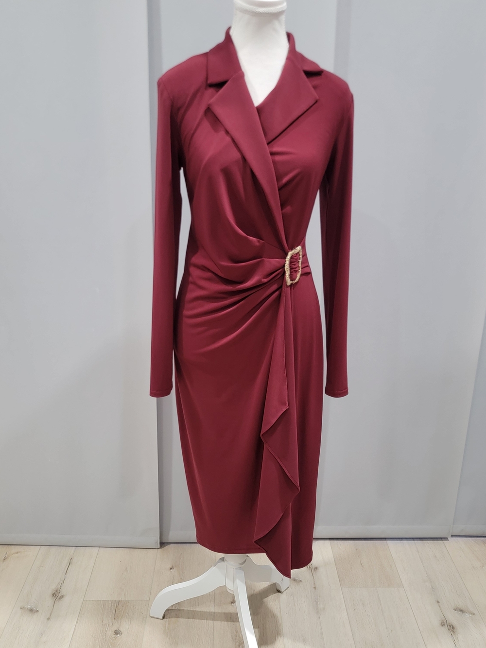 Elegant Burgundy Draped Wrap Dress with Buckle Detail
